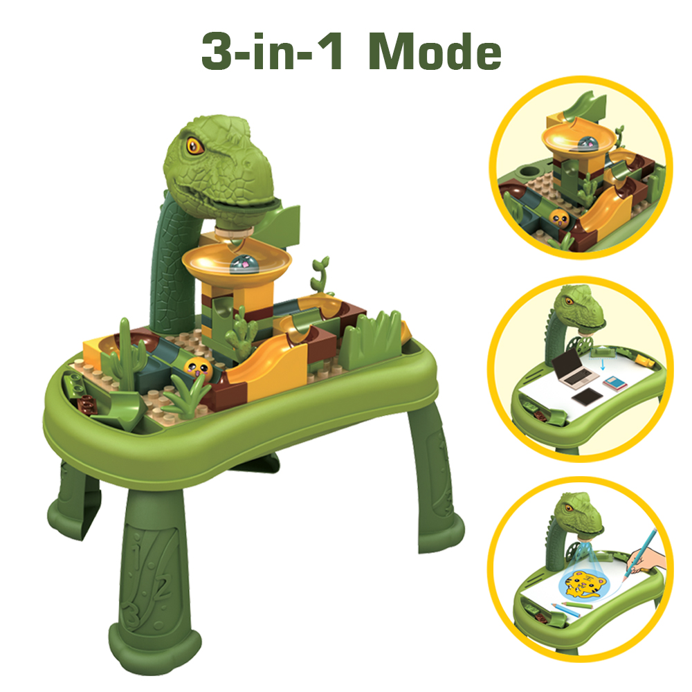 Little Story - DIY T-Rex 3-IN-1 Spinning Puzzle Block Table, Projection Drawing Board & Learning Table Set (81 Pcs), STEM Series - Multicolor