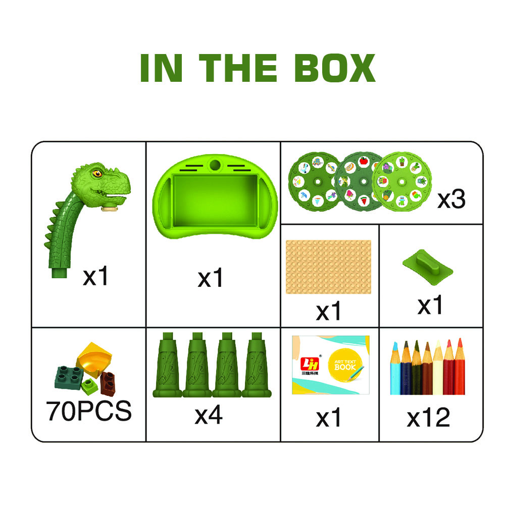 Little Story - DIY T-Rex 3-IN-1 Spinning Puzzle Block Table, Projection Drawing Board & Learning Table Set (81 Pcs), STEM Series - Multicolor