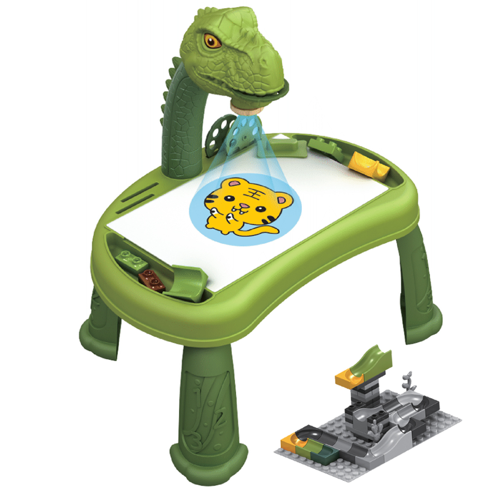 Little Story - DIY T-Rex 3-IN-1 Spinning Puzzle Block Table, Projection Drawing Board & Learning Table Set (81 Pcs), STEM Series - Multicolor