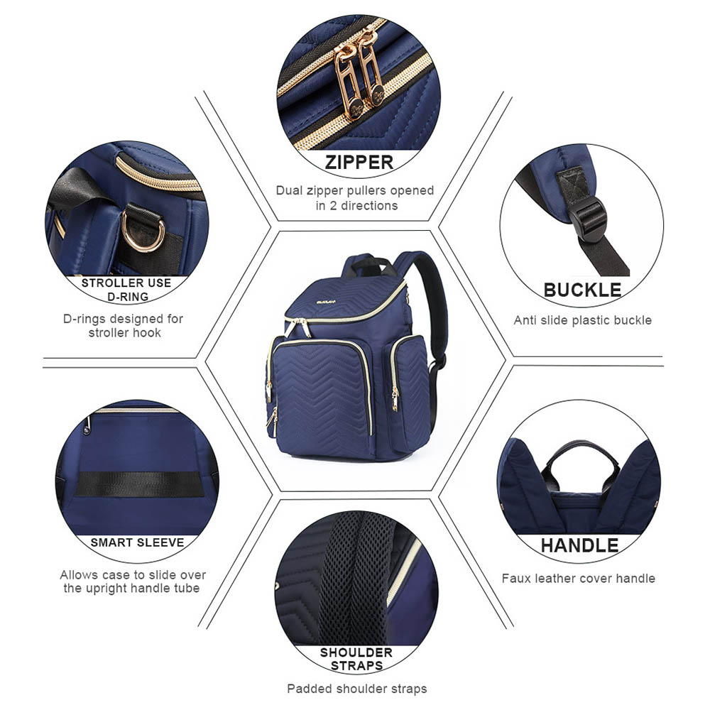 Little Story - Georgia Diaper Bag W/ Changing Pad & Stroller Hooks - Navy Blue