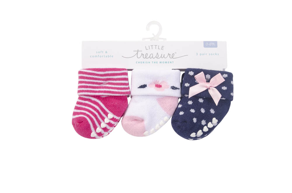 Little Treasure - Baby Terry Socks With Non-Skid 3Pc Polished - Pink