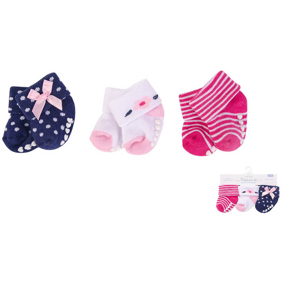 Little Treasure - Baby Terry Socks With Non-Skid 3Pc Polished - Pink