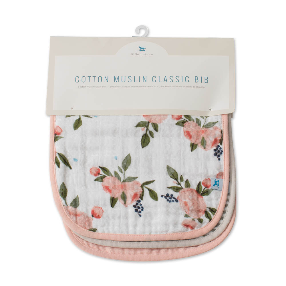 Little Unicorn - 3 Pack Cotton Muslin Classic Bib Set - Watercolor Roses