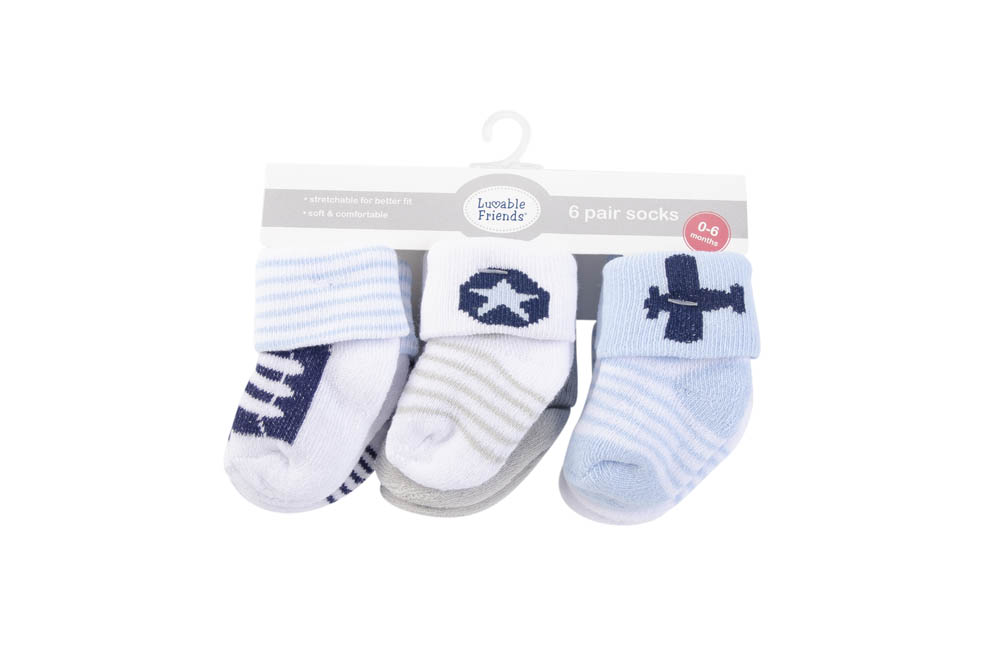 Luvable Friends - Baby Terry Socks 6Pc Airplane - Light Blue