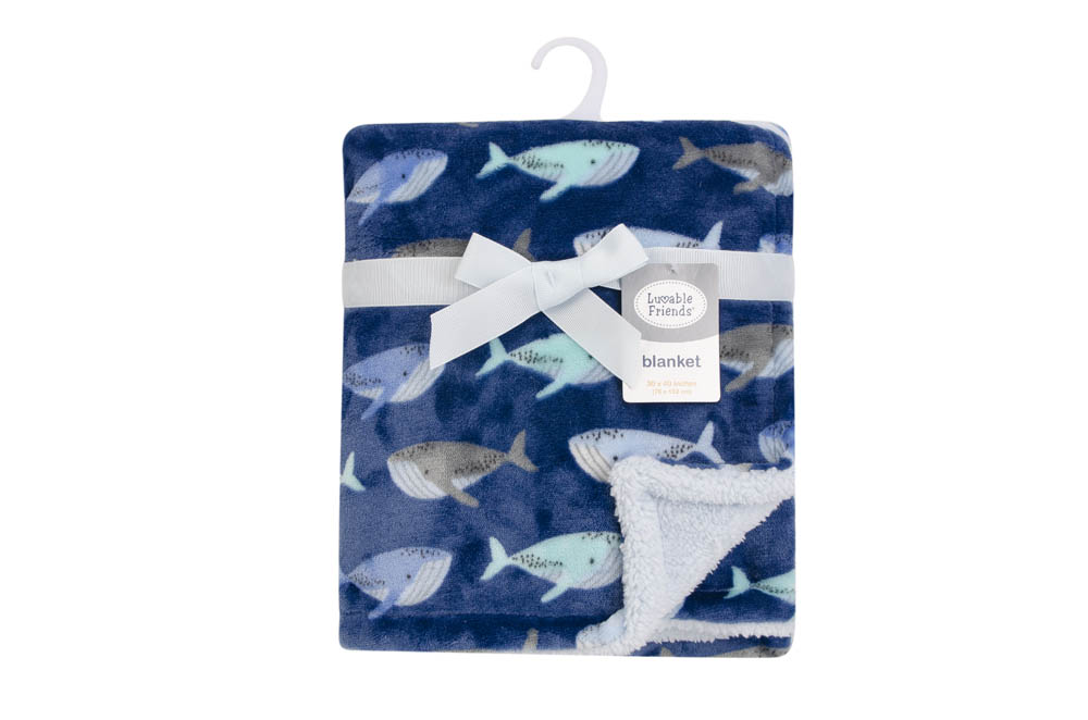 Luvable Friends - Plush Blanket With Sherpa Backing Whale - Sapphire Blue