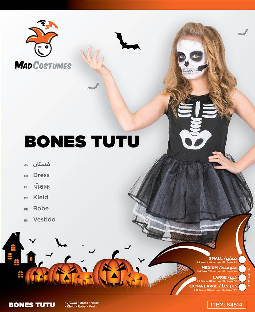Mad Costumes - Bones Tutu Dress Kids Halloween Costume - Black