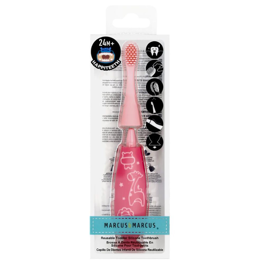 Marcus & Marcus - Reusable Toddler Silicone Toothbrush - Pink + FREE Stickers