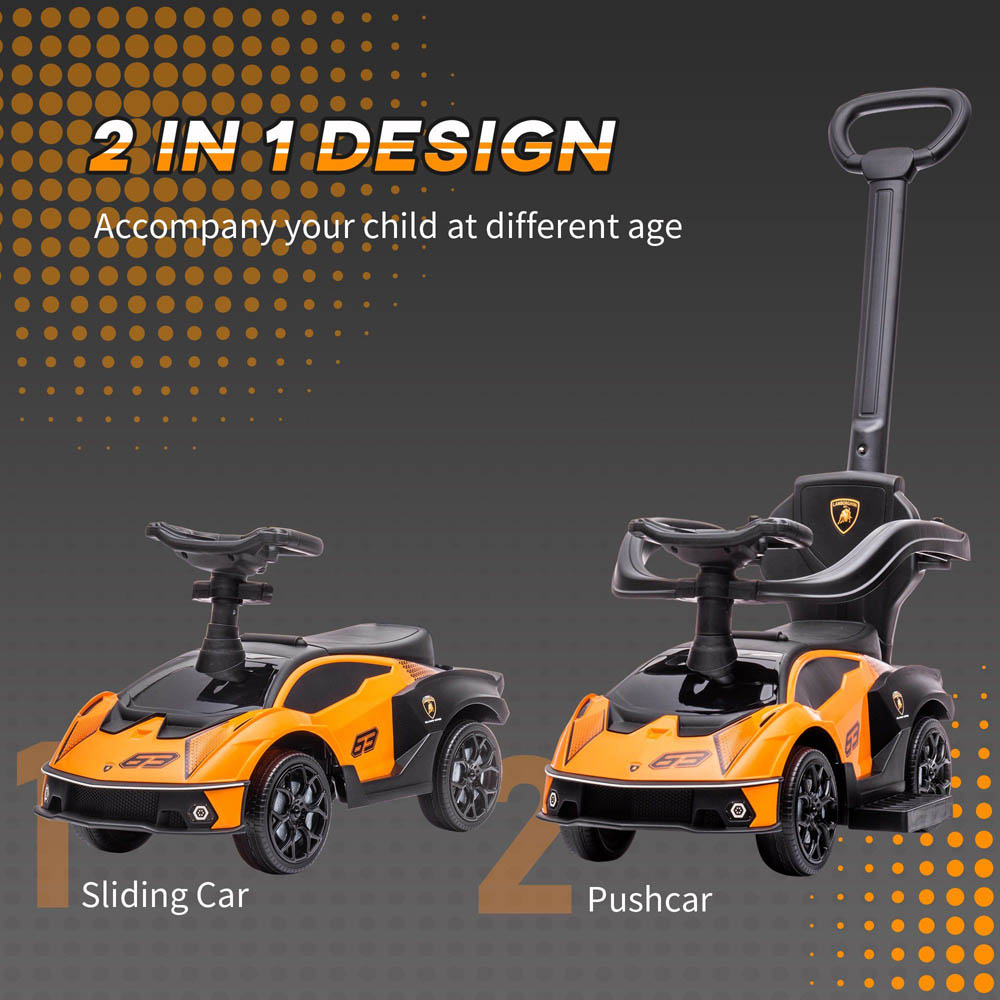 Megastar - 2-In-1 Lamborghini Push-Along Stroller With Horn Engine Sound And Steering Wheel With Parental Handle - Orange