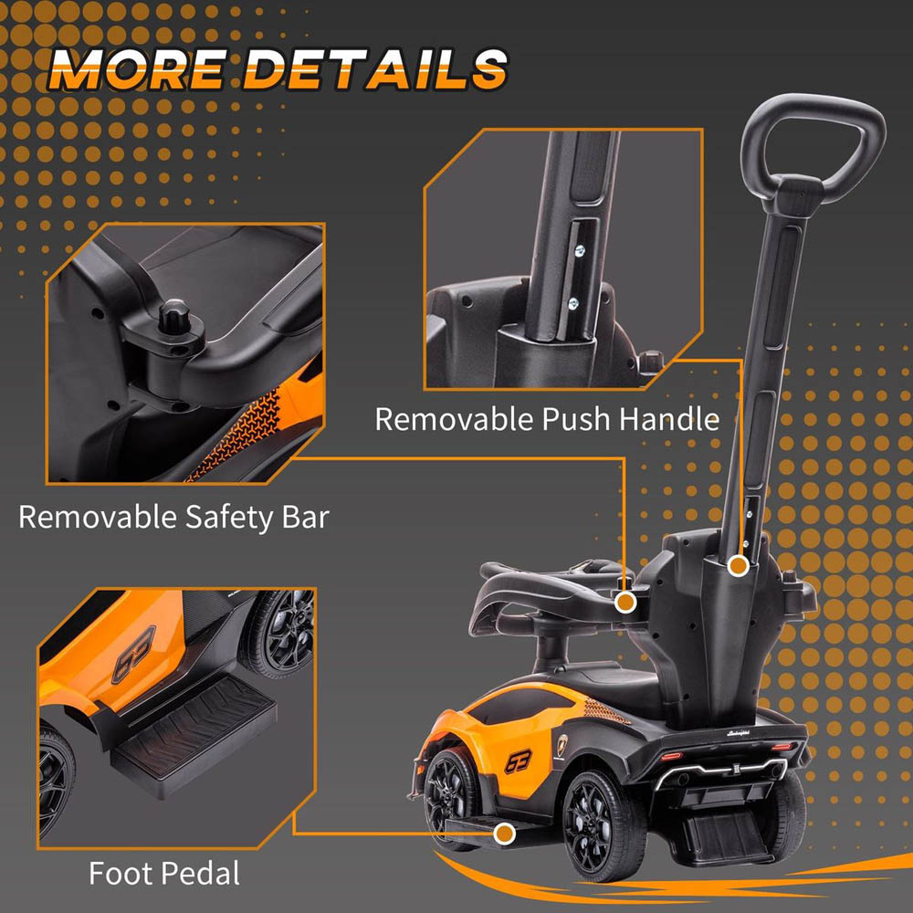 Megastar - 2-In-1 Lamborghini Push-Along Stroller With Horn Engine Sound And Steering Wheel With Parental Handle - Orange