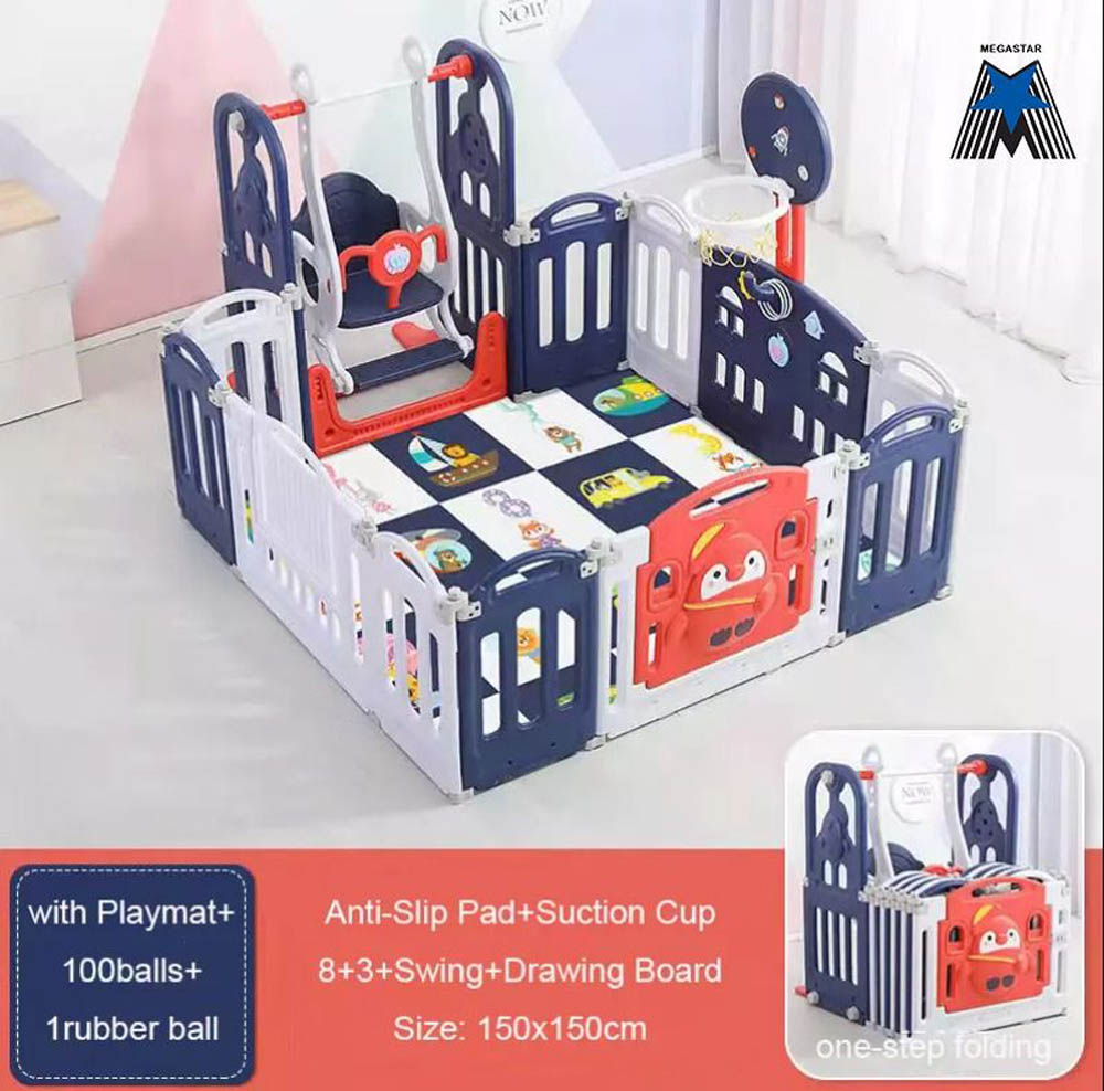 Megastar - Baby Playpen Activity Centre With Slide , Swing , Rocking Horse And Basketball Hoop - Bright Blue