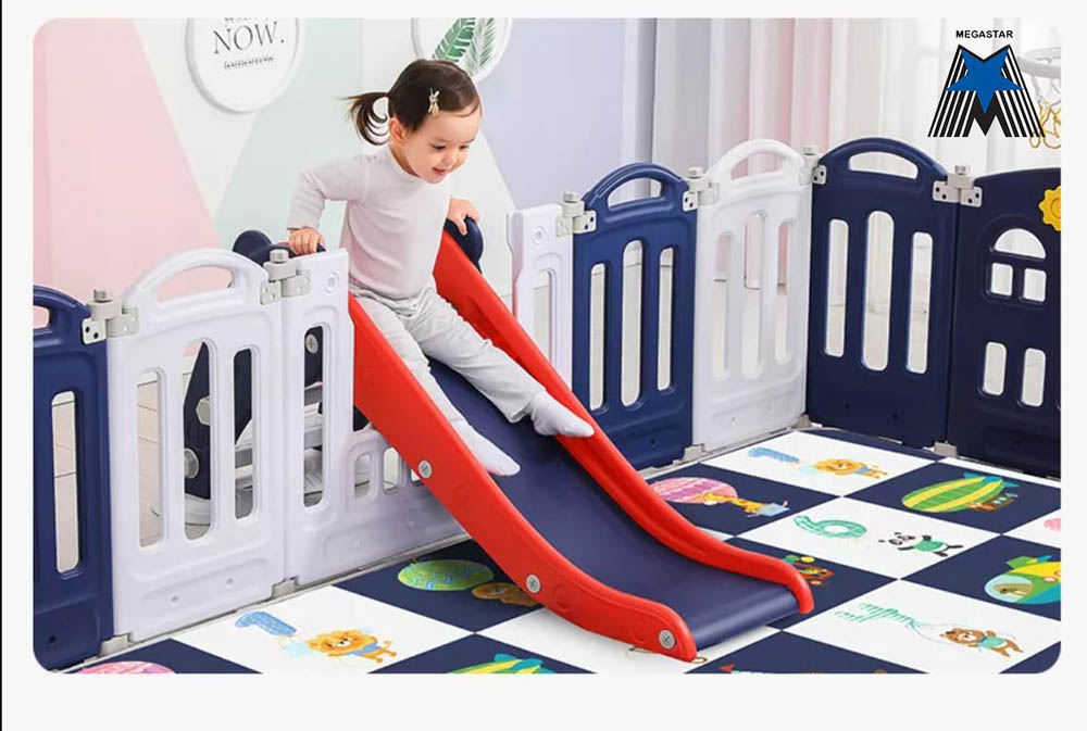 Megastar - Baby Playpen Activity Centre With Slide , Swing , Rocking Horse And Basketball Hoop - Bright Blue