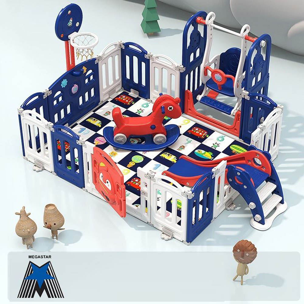 Megastar - Baby Playpen Activity Centre With Slide , Swing , Rocking Horse And Basketball Hoop - Bright Blue