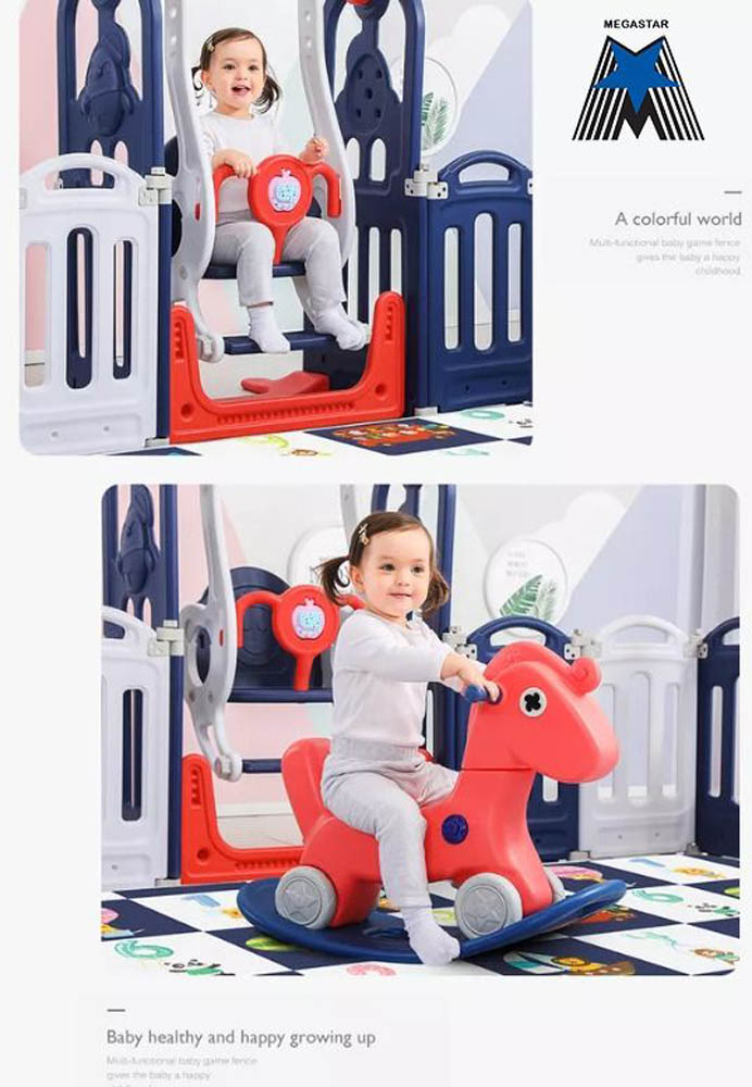 Megastar - Baby Playpen Activity Centre With Slide , Swing , Rocking Horse And Basketball Hoop - Bright Blue