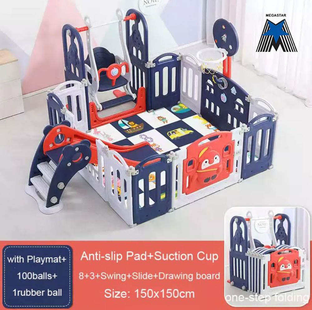 Megastar - Baby Playpen Activity Centre With Slide , Swing , Rocking Horse And Basketball Hoop - Bright Blue