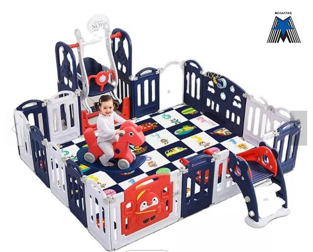 Megastar - Baby Playpen Activity Centre With Slide , Swing , Rocking Horse And Basketball Hoop - Bright Blue