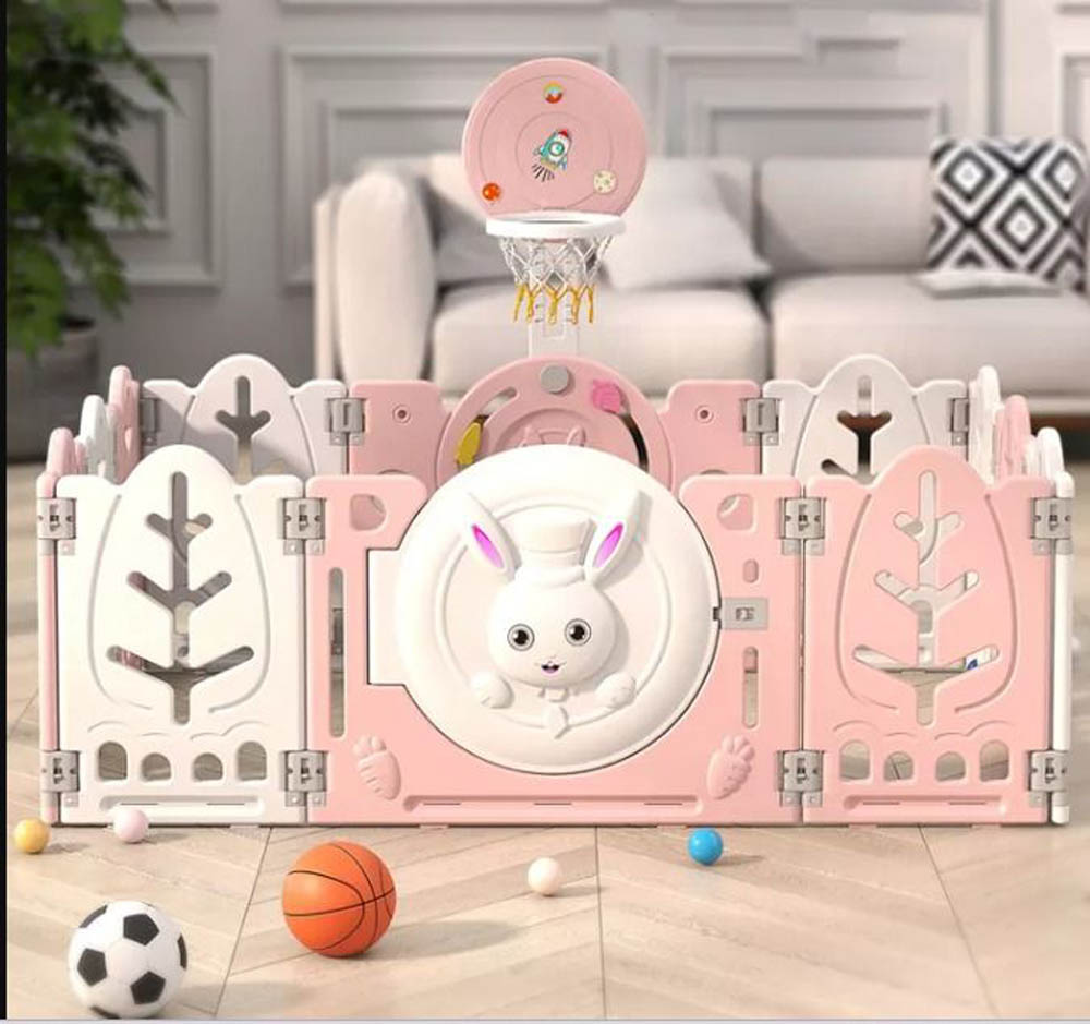 Megastar - Baby Playpen Activity Centre With Slide Swing , Storage , Rocking Horse , Ball Pit And Basketball Hoop - Pink