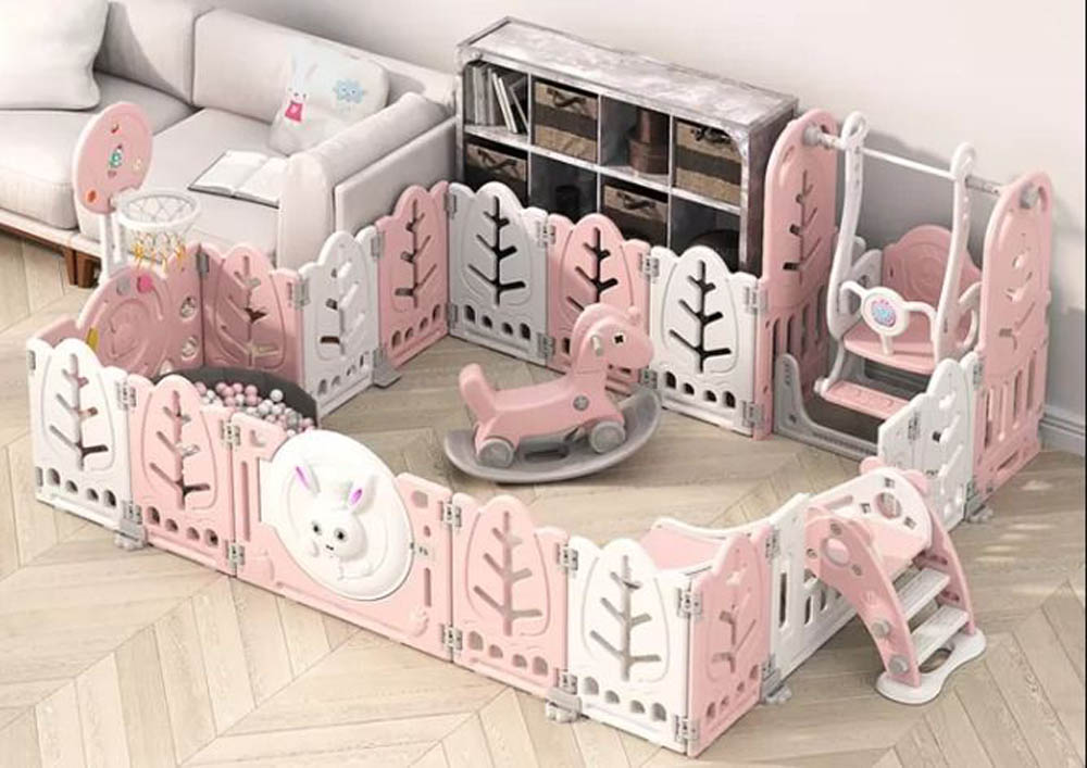 Megastar - Baby Playpen Activity Centre With Slide Swing , Storage , Rocking Horse , Ball Pit And Basketball Hoop - Pink