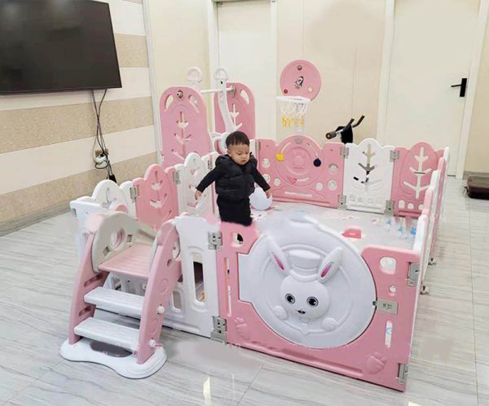 Megastar - Baby Playpen Activity Centre With Slide Swing , Storage , Rocking Horse , Ball Pit And Basketball Hoop - Pink