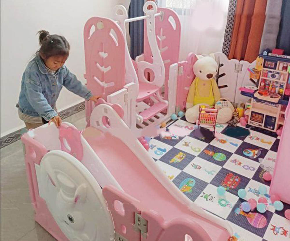 Megastar - Baby Playpen Activity Centre With Slide Swing , Storage , Rocking Horse , Ball Pit And Basketball Hoop - Pink