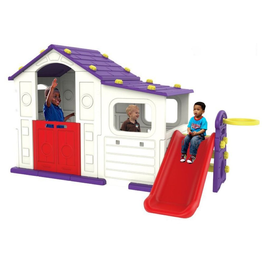 Megastar - Double Fun Indigo Playhouse With Play Shed & Hoops, Slide - Violet Red White