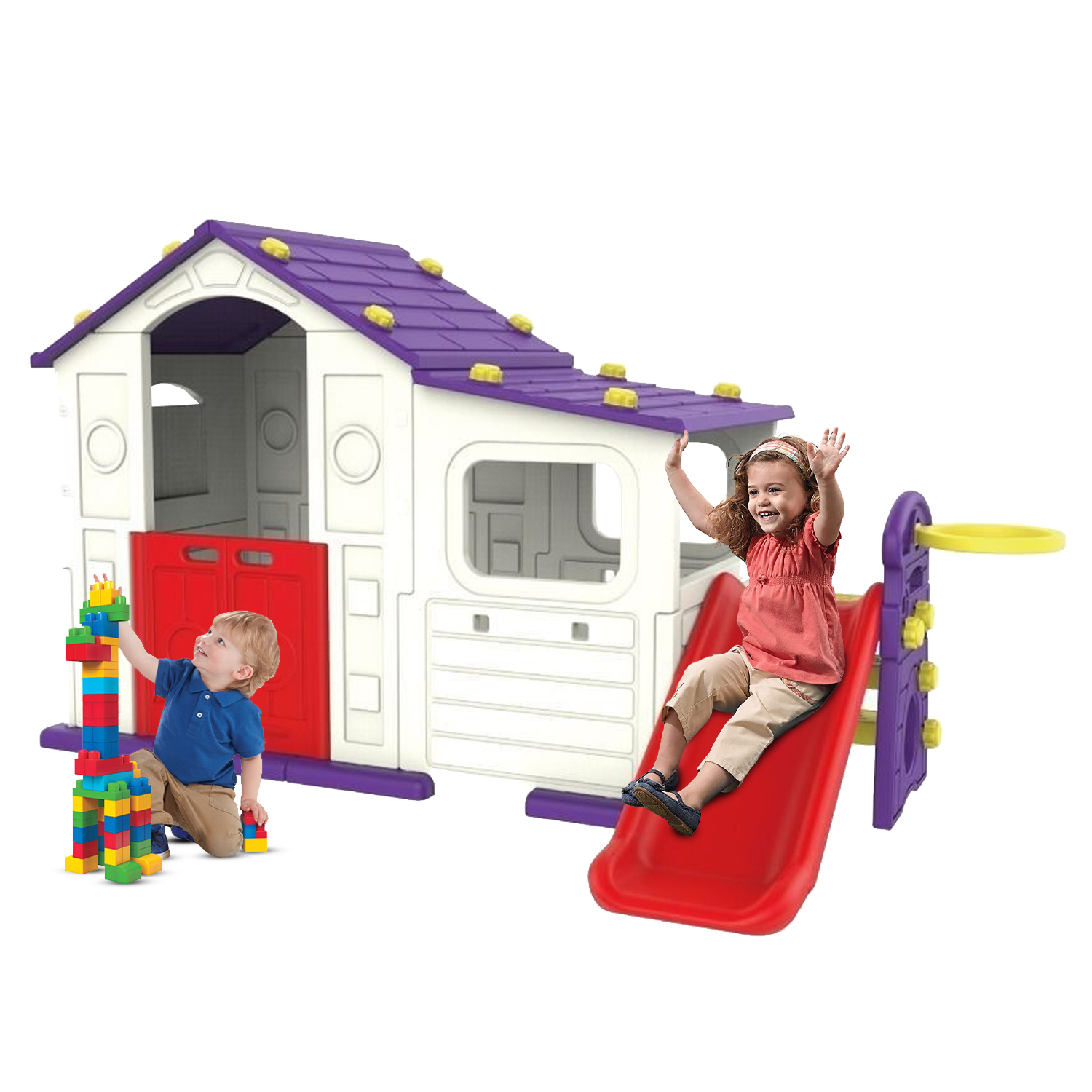 Megastar - Double Fun Indigo Playhouse With Play Shed & Hoops, Slide - Violet Red White