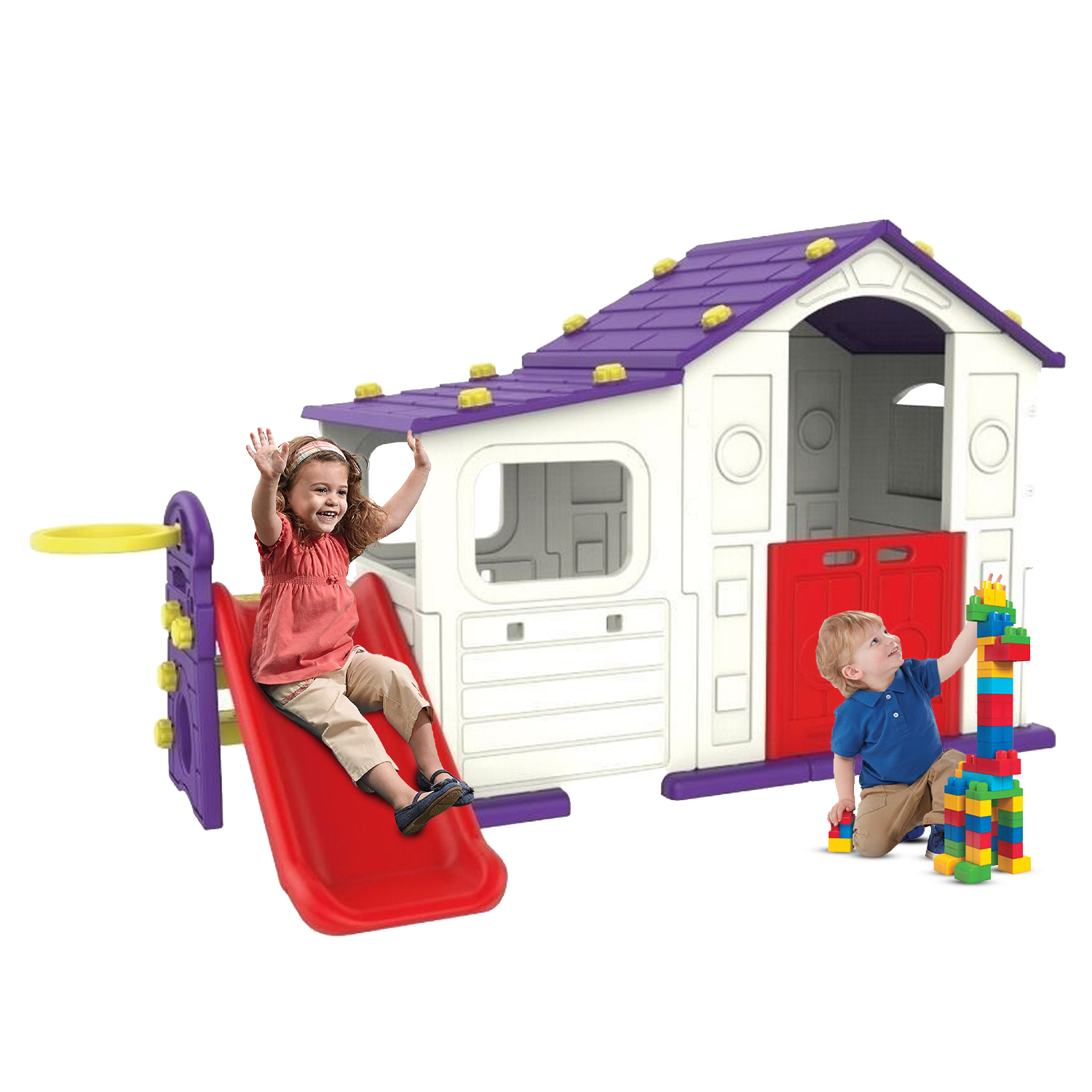 Megastar - Double Fun Indigo Playhouse With Play Shed & Hoops, Slide - Violet Red White