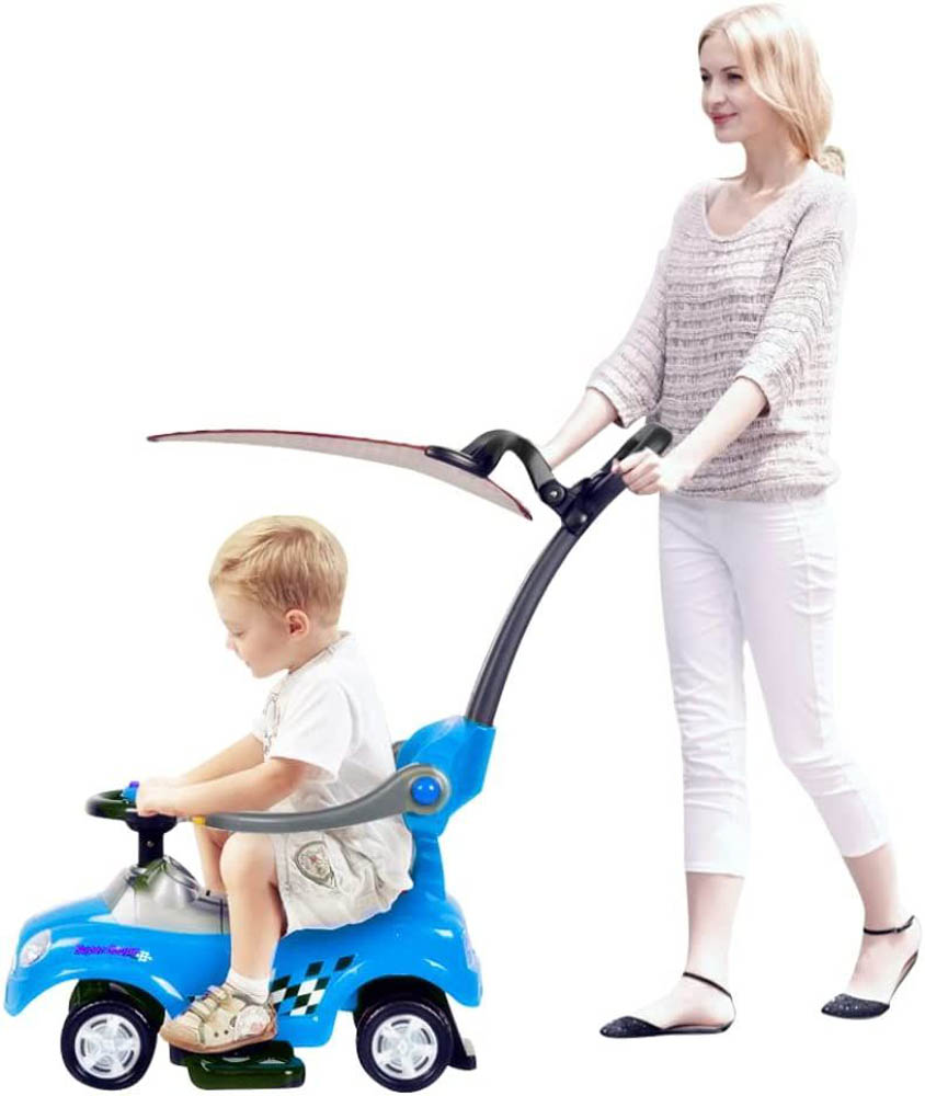 Megastar - Ride and Stroll Push Car With Canopy Shade & Parental Handle 3 in 1 - Blue