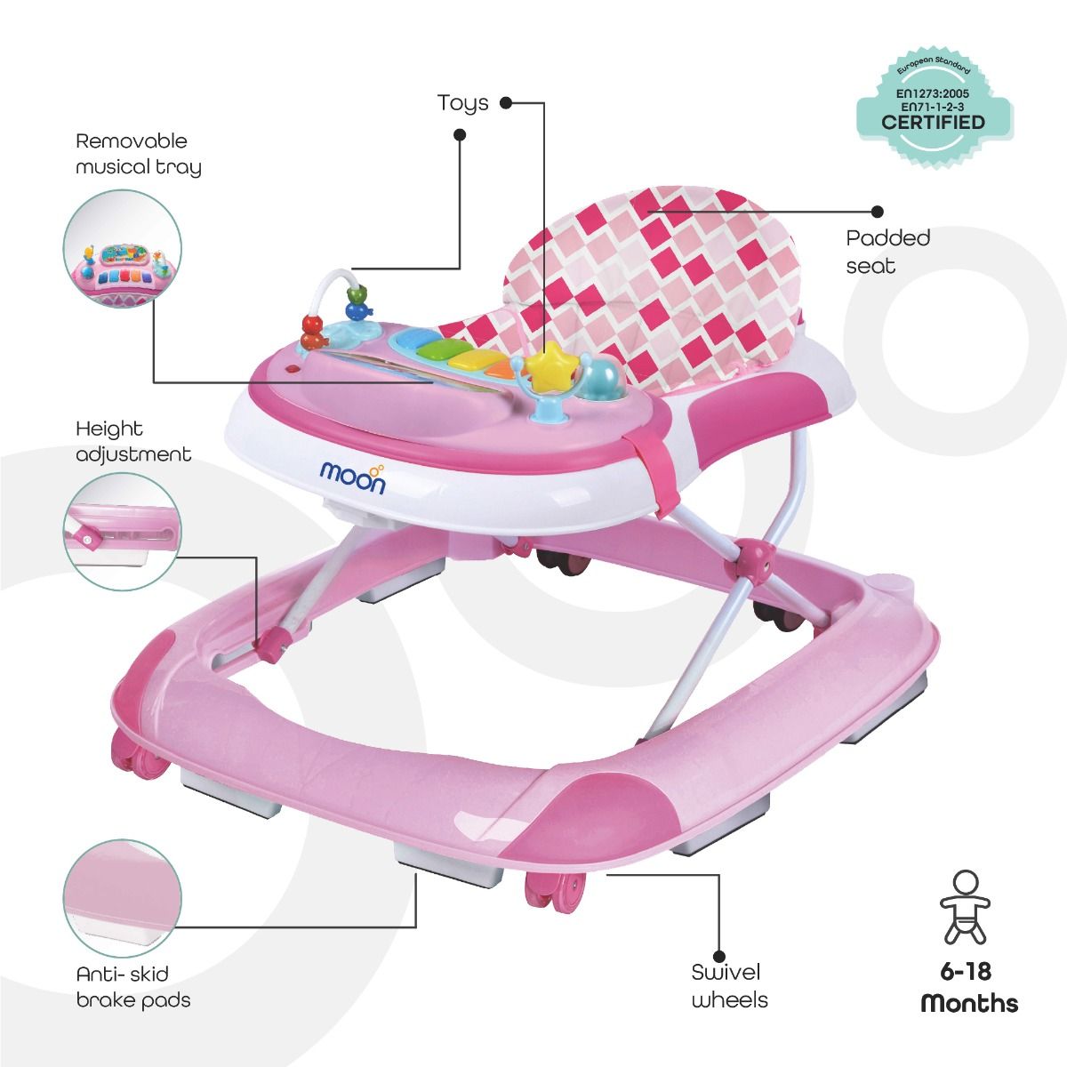 Moon - Pace Baby/Child Walker With Music & Toys - Pink, 6m