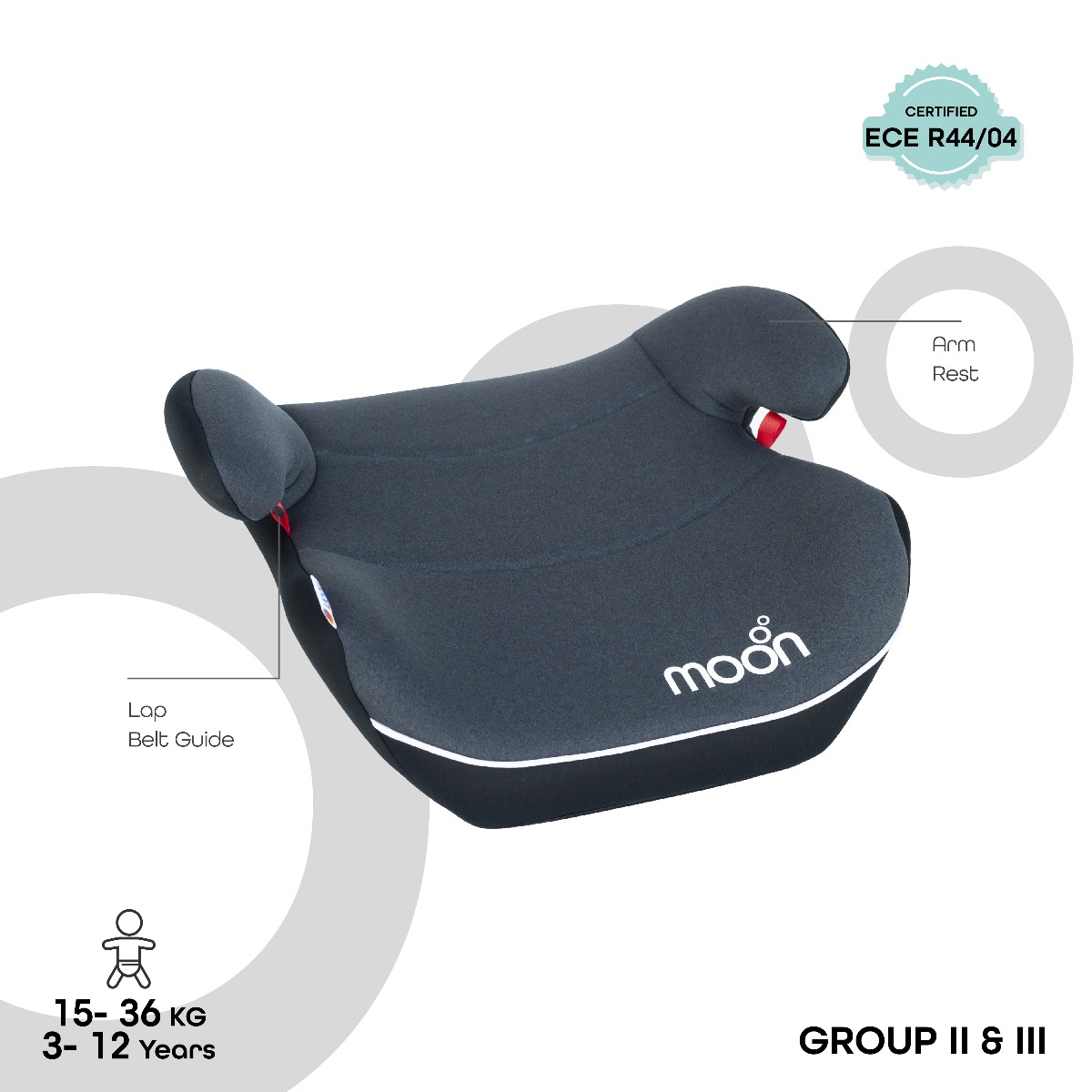 MOON Kido Baby Booster Car Seat. Group 2/3 (15-36 kg)- Dark Grey