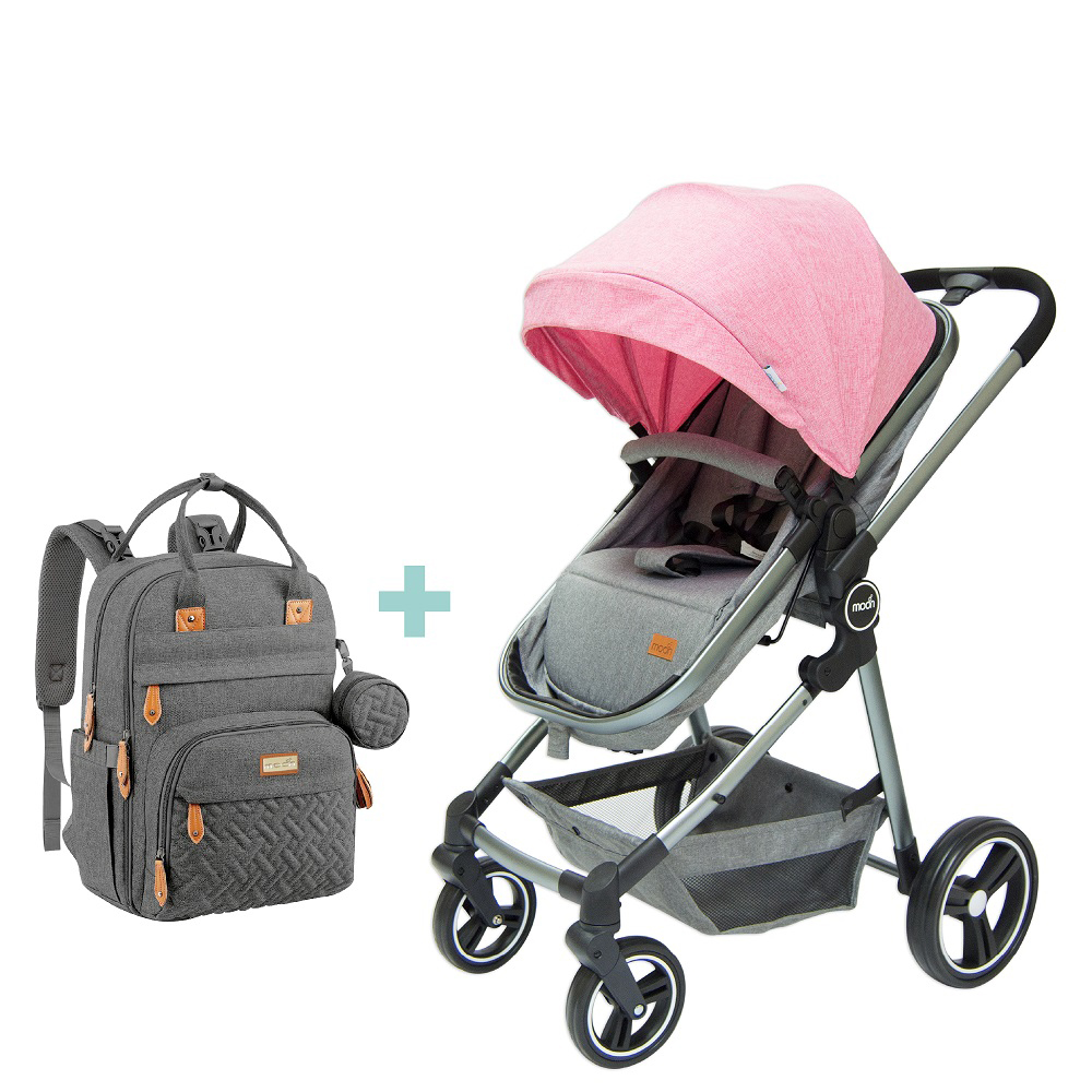 Moon - Pro 2 in 1 Convertible to Carrycot, Reversable Stroller -Pink + MOON - Diaper Bag - Gray