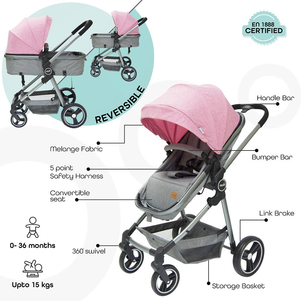 Moon - Pro 2 in 1 Convertible to Carrycot, Reversable Stroller -Pink + MOON - Diaper Bag - Gray