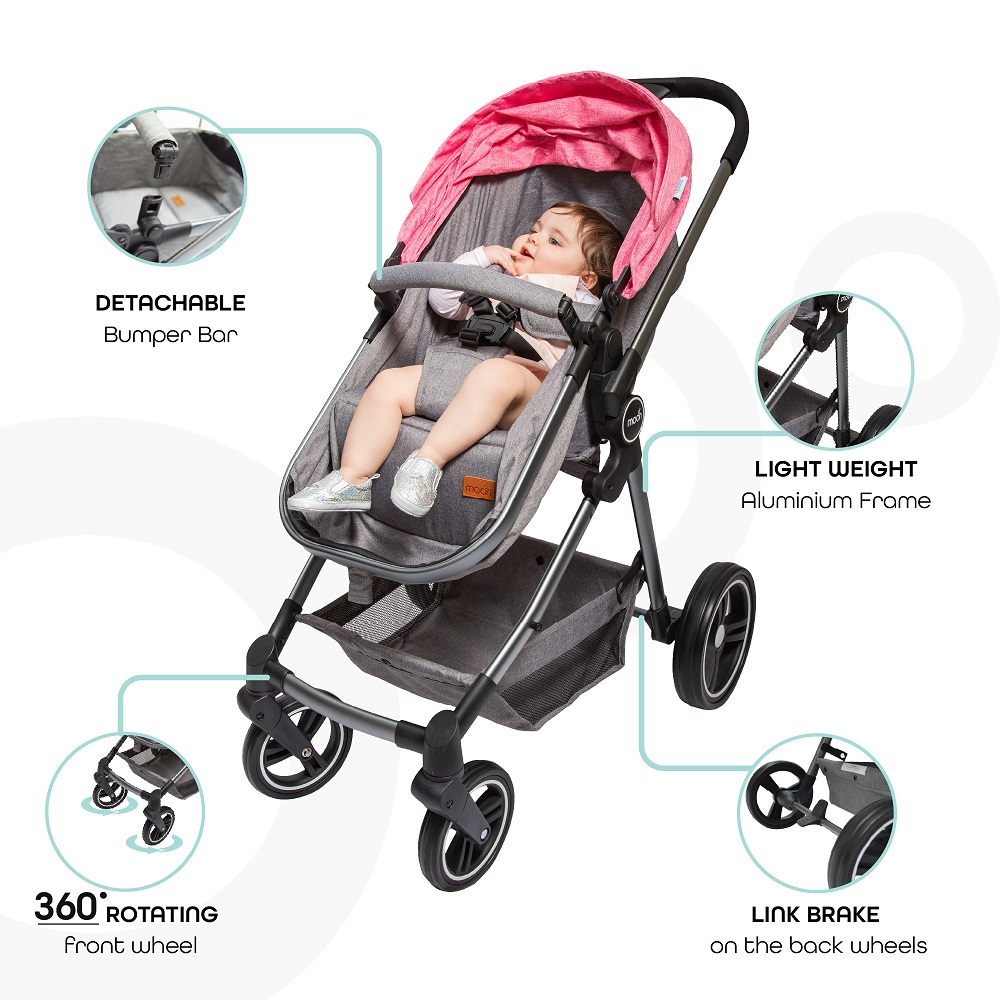 Moon - Pro 2 in 1 Convertible to Carrycot, Reversable Stroller -Pink + MOON - Diaper Bag - Gray