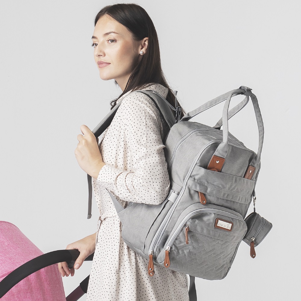 Moon - Pro 2 in 1 Convertible to Carrycot, Reversable Stroller -Pink + MOON - Diaper Bag - Gray