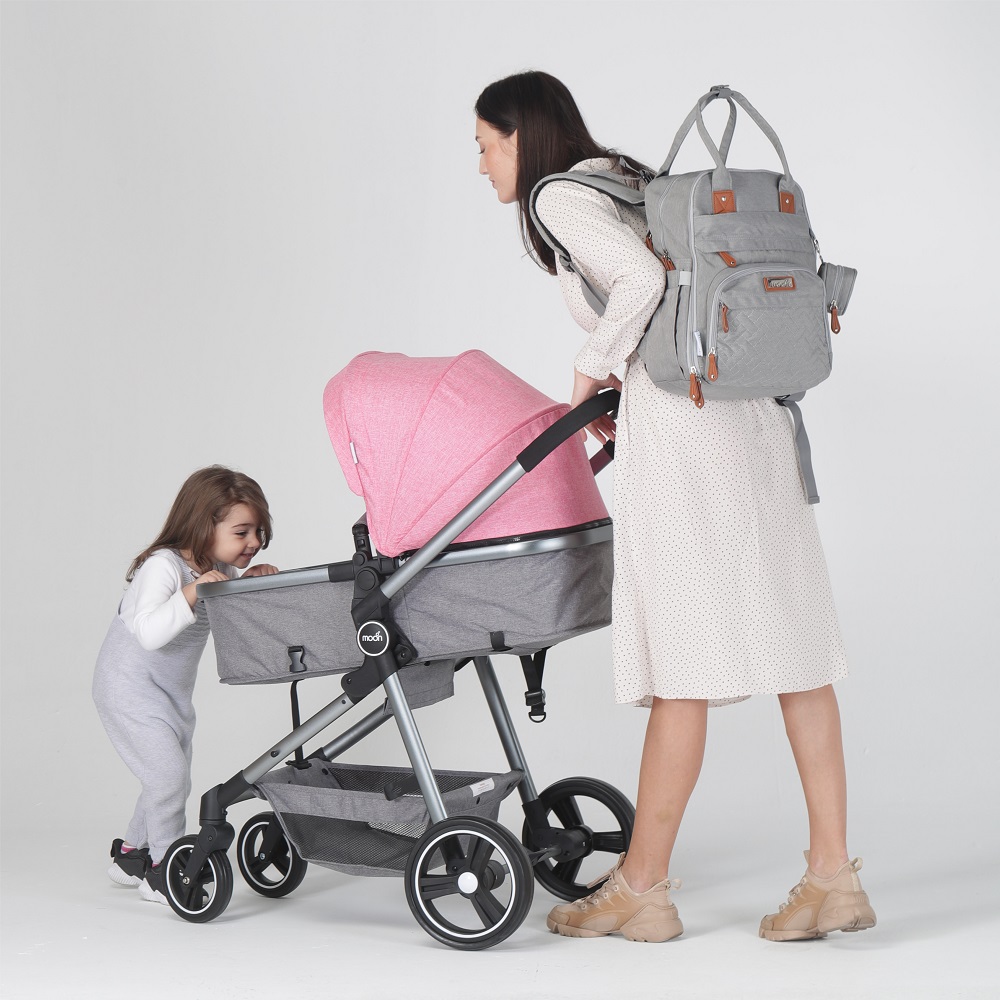 Moon - Pro 2 in 1 Convertible to Carrycot, Reversable Stroller -Pink + MOON - Diaper Bag - Gray