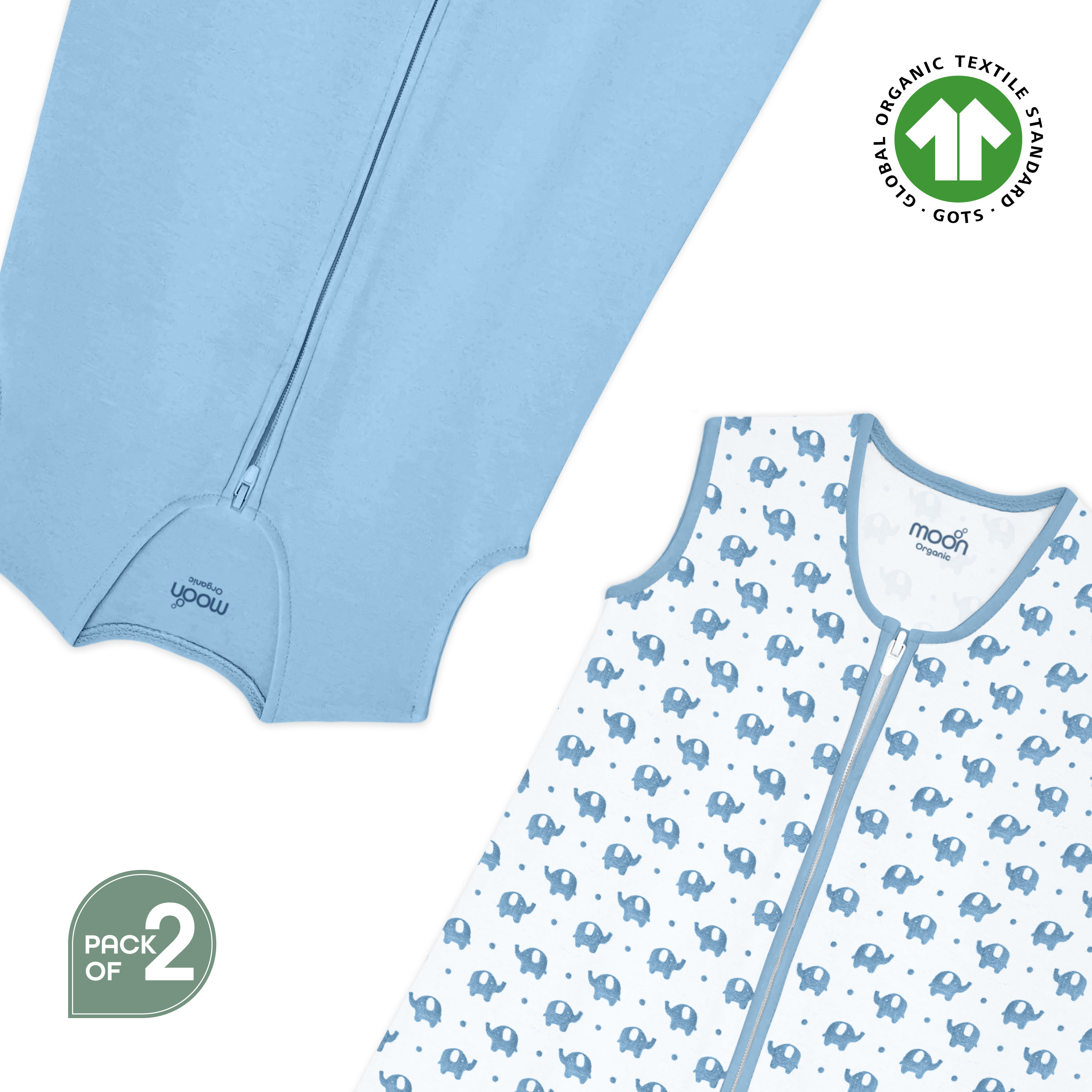 Moon - Organic Baby Sleep Sack Pack Of 2 (Large) - Blue & White With Elephant Print