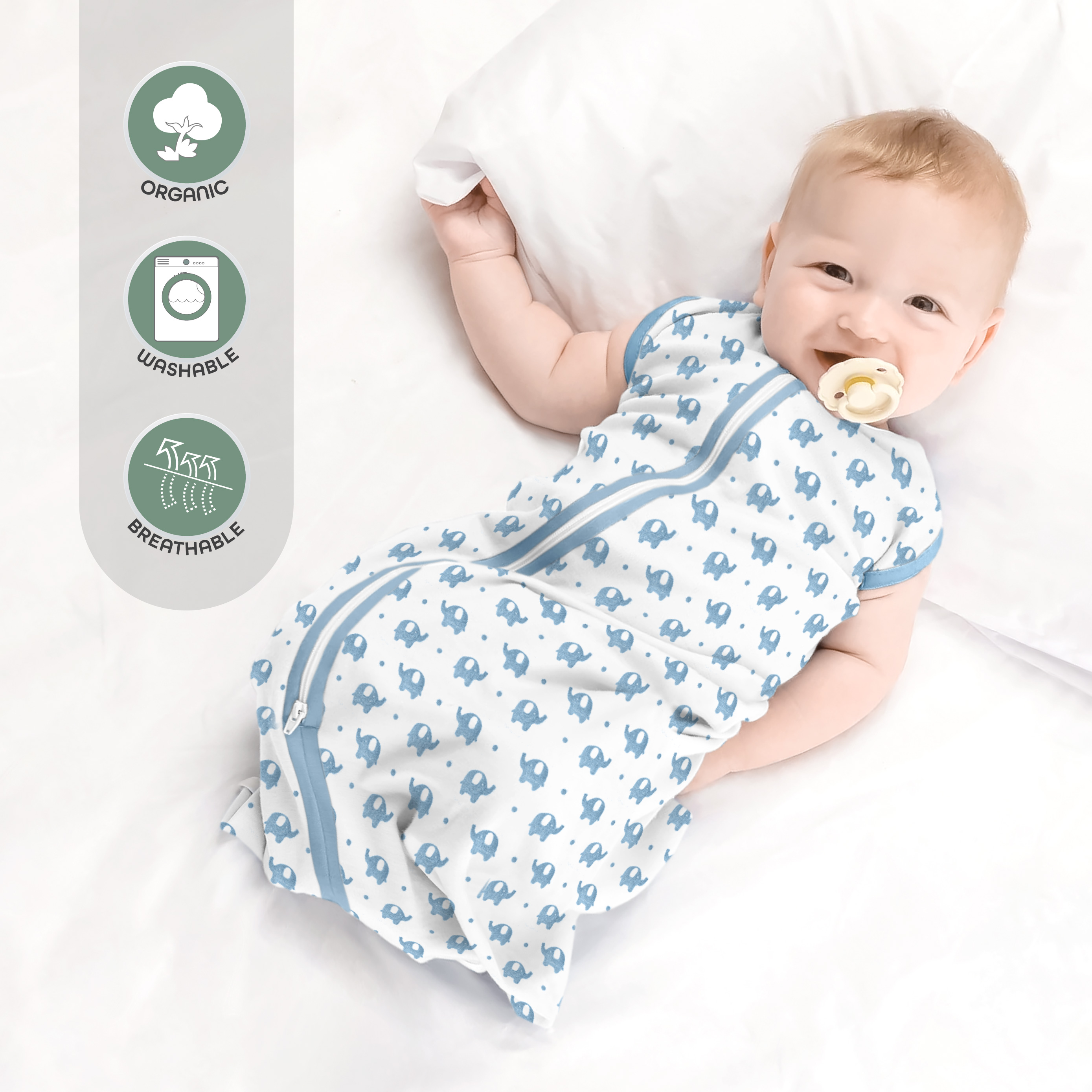 Moon - Organic Baby Sleep Sack Pack Of 2 (Large) - Blue & White With Elephant Print