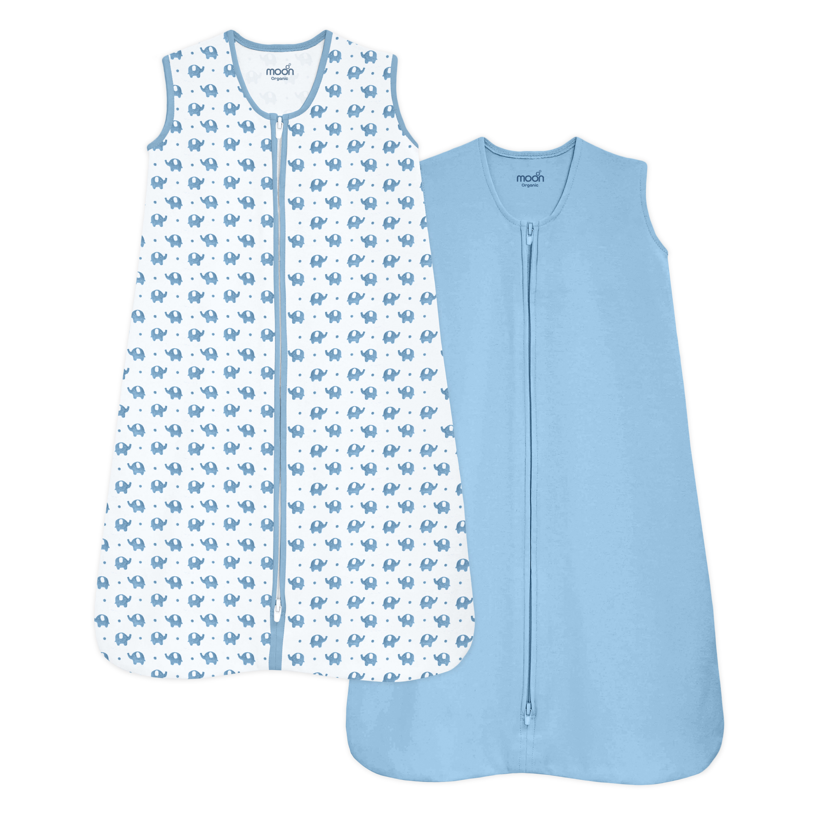 Moon - Organic Baby Sleep Sack Pack Of 2 (Large) - Blue & White With Elephant Print