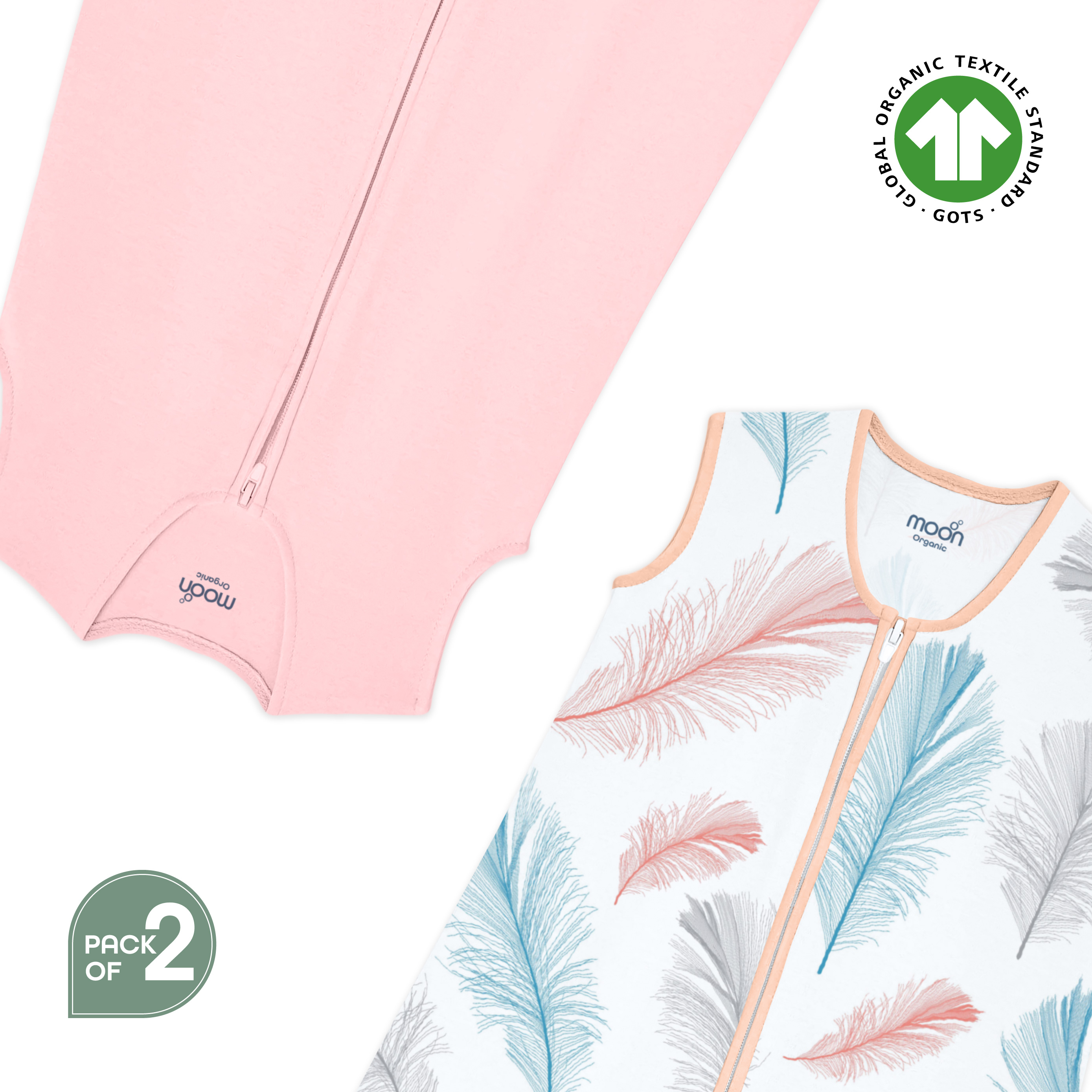Moon - Organic Baby Sleep Sack Pack Of 2 (Large) - Pink & White With Feather Print