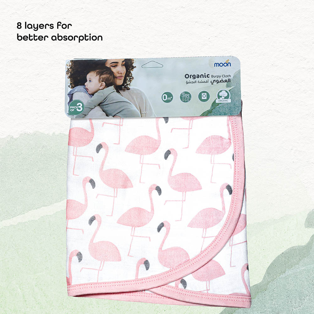 Moon - Organic Burpy Bib Pack of 3 - Feather & pink