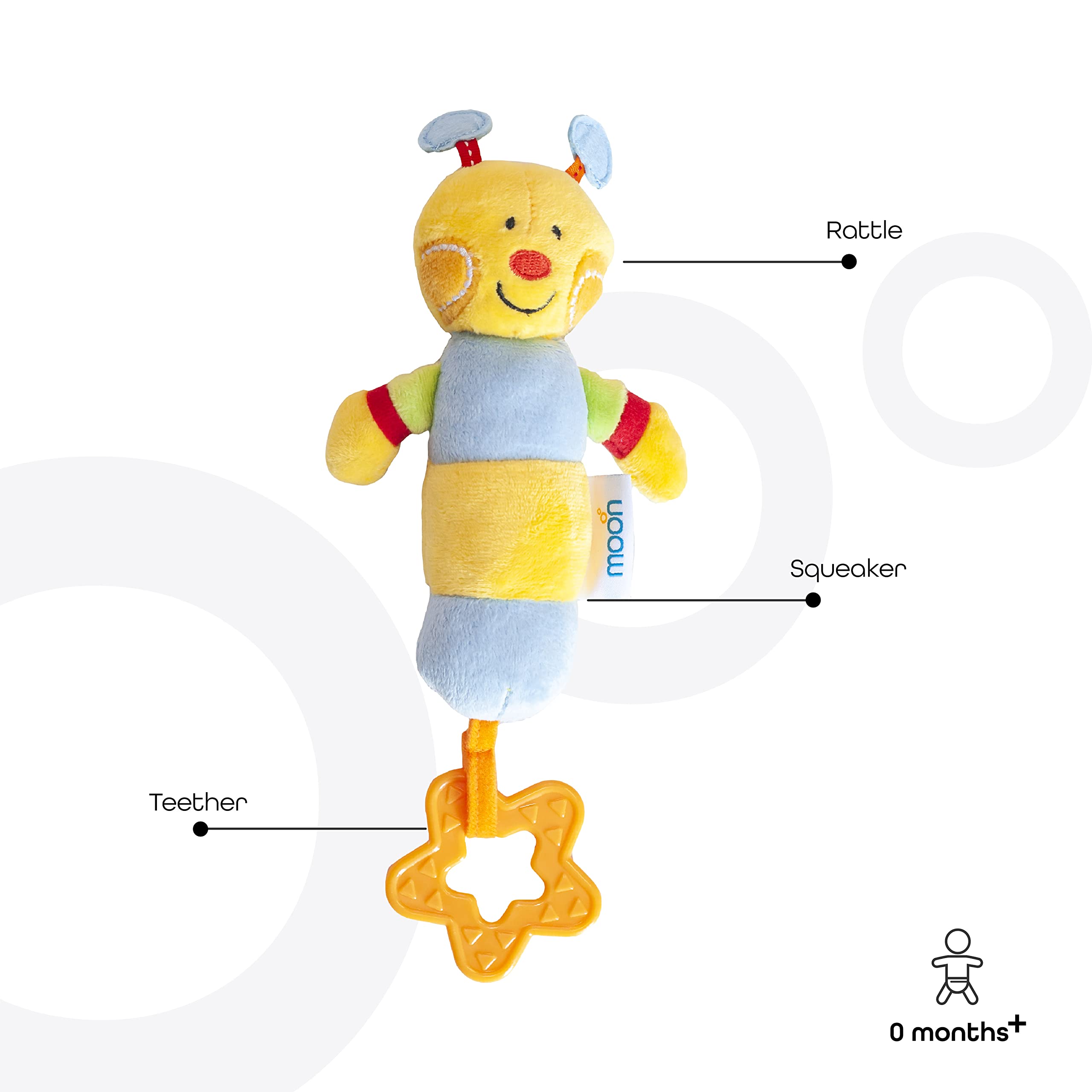Moon - Soft Rattle Plush Toy with Squeaker sounds and Teether From 6 months and Above - Bee