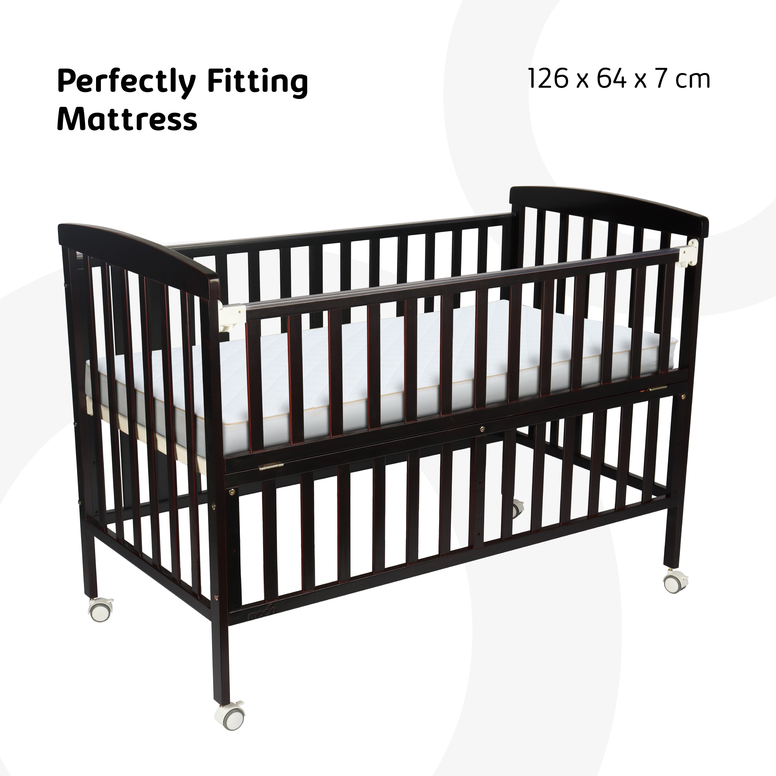 Moon - Wooden Portable Crib(129X69X96 Cm) - Dark Choclate + Moon - Crib Mattress - White