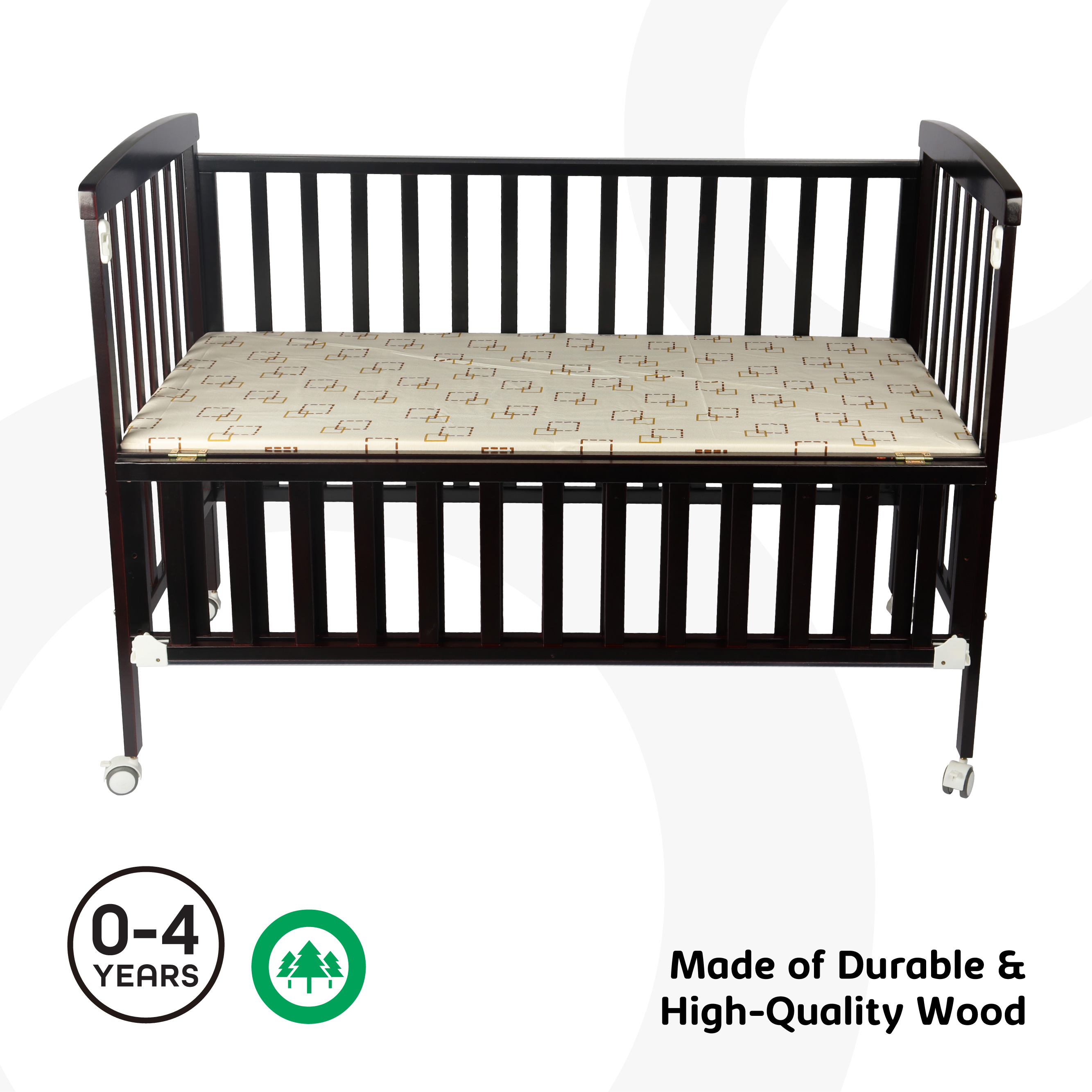 Moon - Wooden Portable Crib(129X69X96 Cm) - Dark Choclate + Moon - Crib Mattress - White