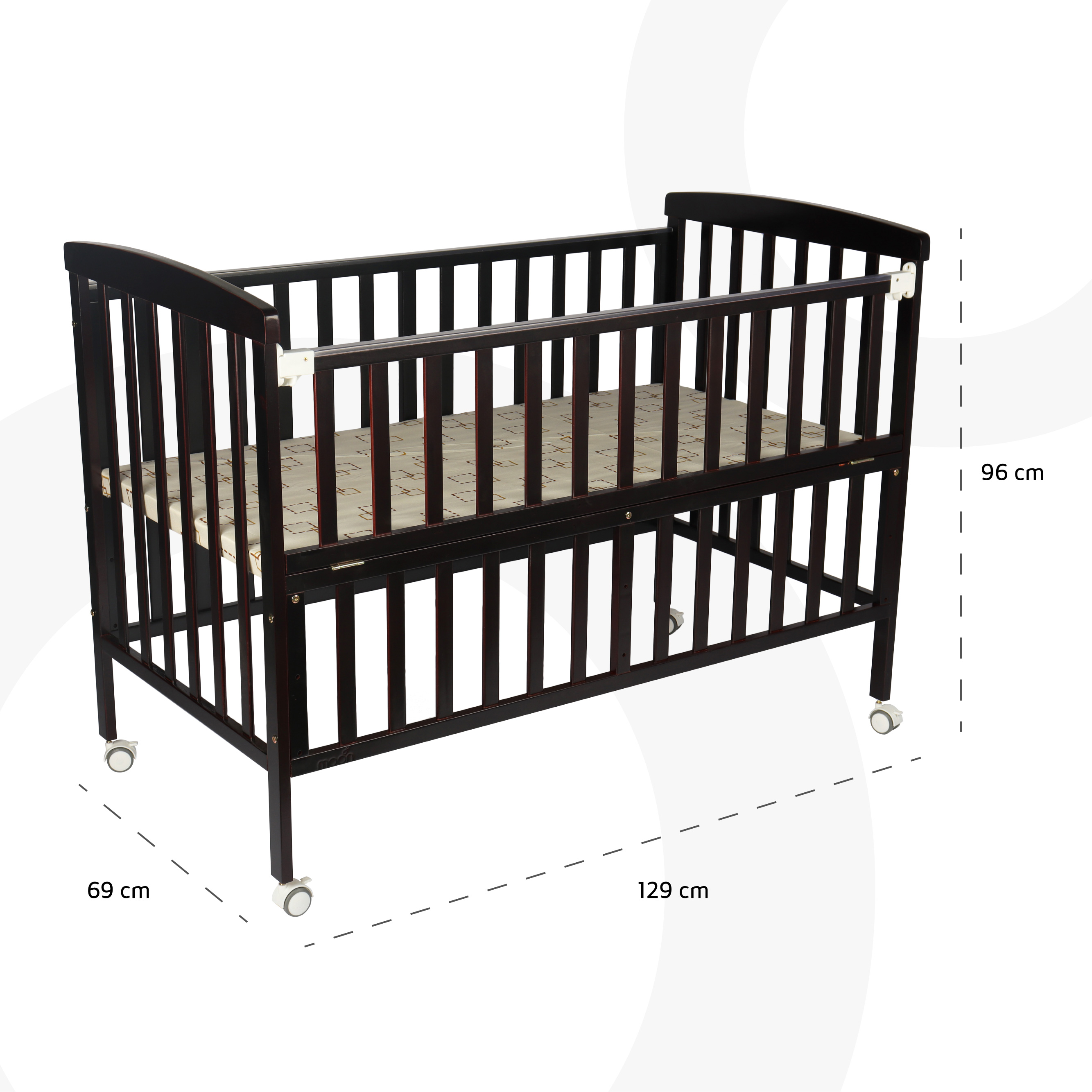Moon - Wooden Portable Crib(129X69X96 Cm) - Dark Choclate + Moon - Crib Mattress - White