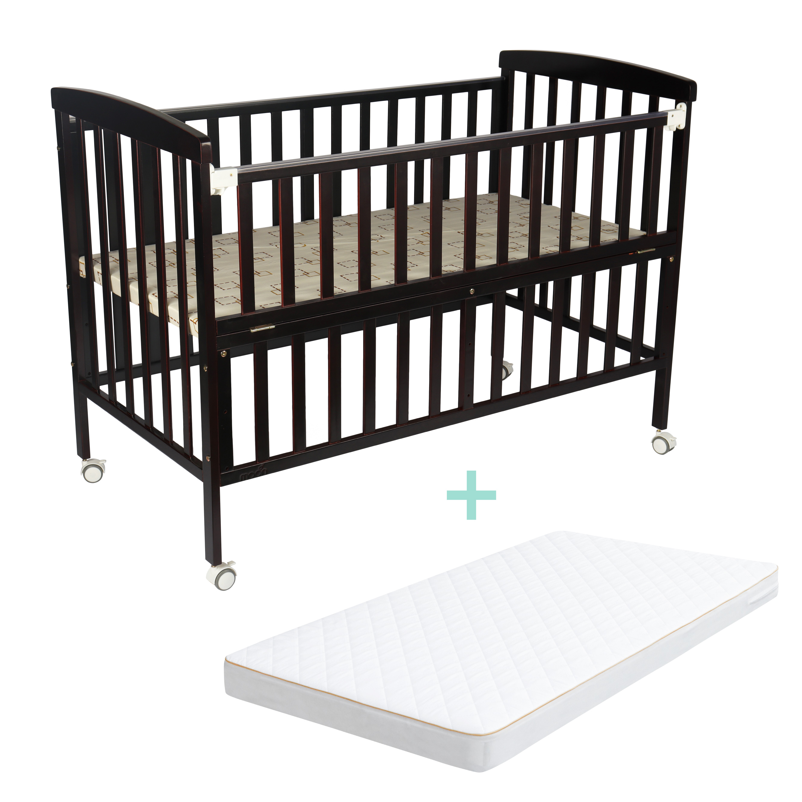 Moon - Wooden Portable Crib(129X69X96 Cm) - Dark Choclate + Moon - Crib Mattress - White
