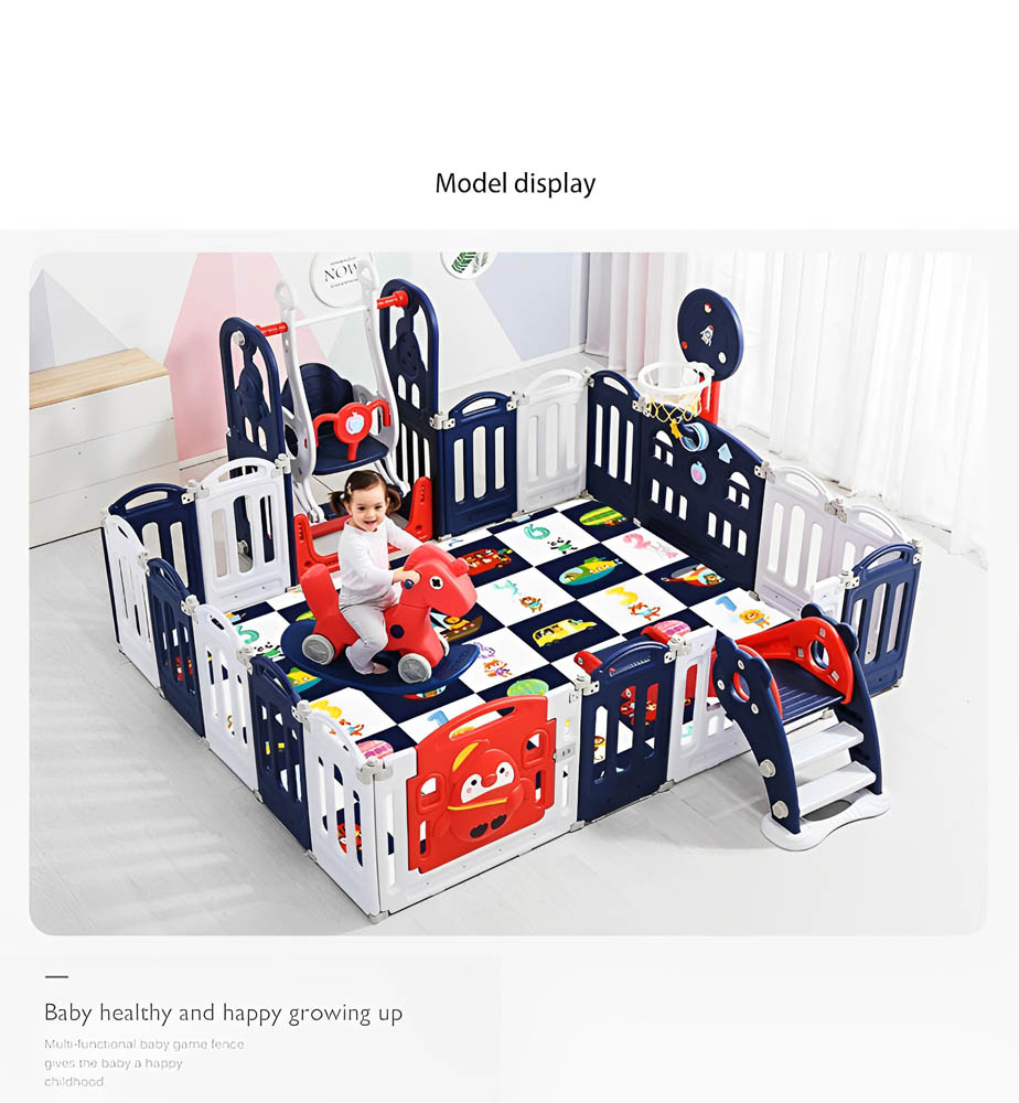 Myts - Playpen With Swing /Slide/ Rocking Horse/ Basketball Hoop /Ball Pit and Storage Cabinet for Kids - Dark Blue