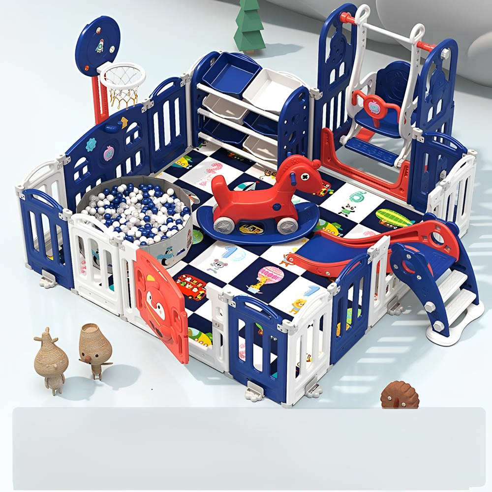Myts - Playpen With Swing /Slide/ Rocking Horse/ Basketball Hoop /Ball Pit and Storage Cabinet for Kids - Dark Blue