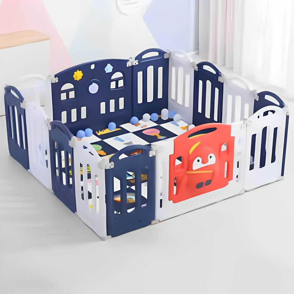 Myts - Playpen With Swing /Slide/ Rocking Horse/ Basketball Hoop /Ball Pit and Storage Cabinet for Kids - Dark Blue