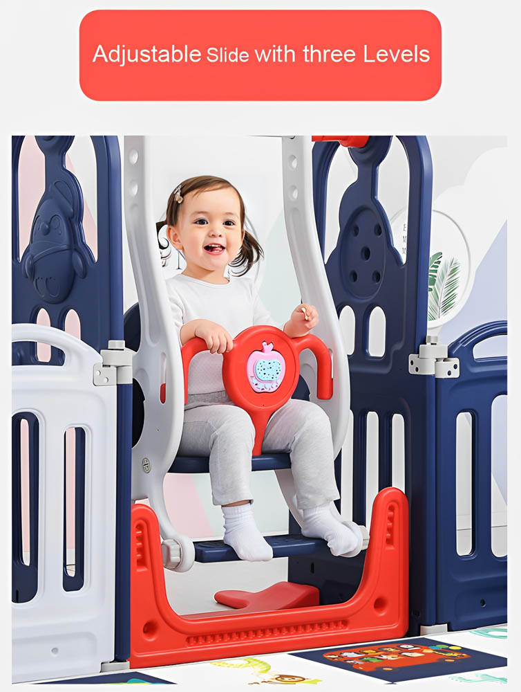 Myts - Playpen With Swing /Slide/ Rocking Horse/ Basketball Hoop /Ball Pit and Storage Cabinet for Kids - Dark Blue