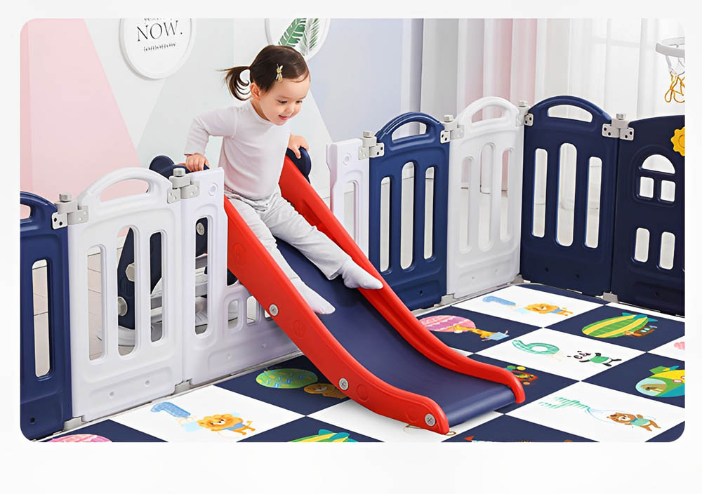 Myts - Playpen With Swing /Slide/ Rocking Horse/ Basketball Hoop /Ball Pit and Storage Cabinet for Kids - Dark Blue
