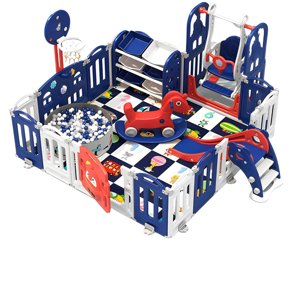 Myts - Playpen With Swing /Slide/ Rocking Horse/ Basketball Hoop /Ball Pit and Storage Cabinet for Kids - Dark Blue